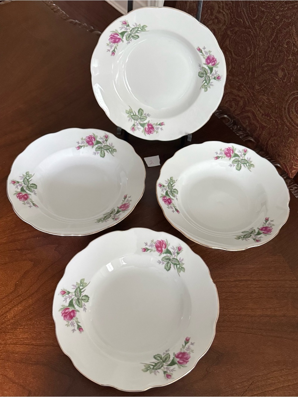 4 VTG Rimmed 8” Soup Bowls with Pompadour Rose Pattern Made in China - Listing 2